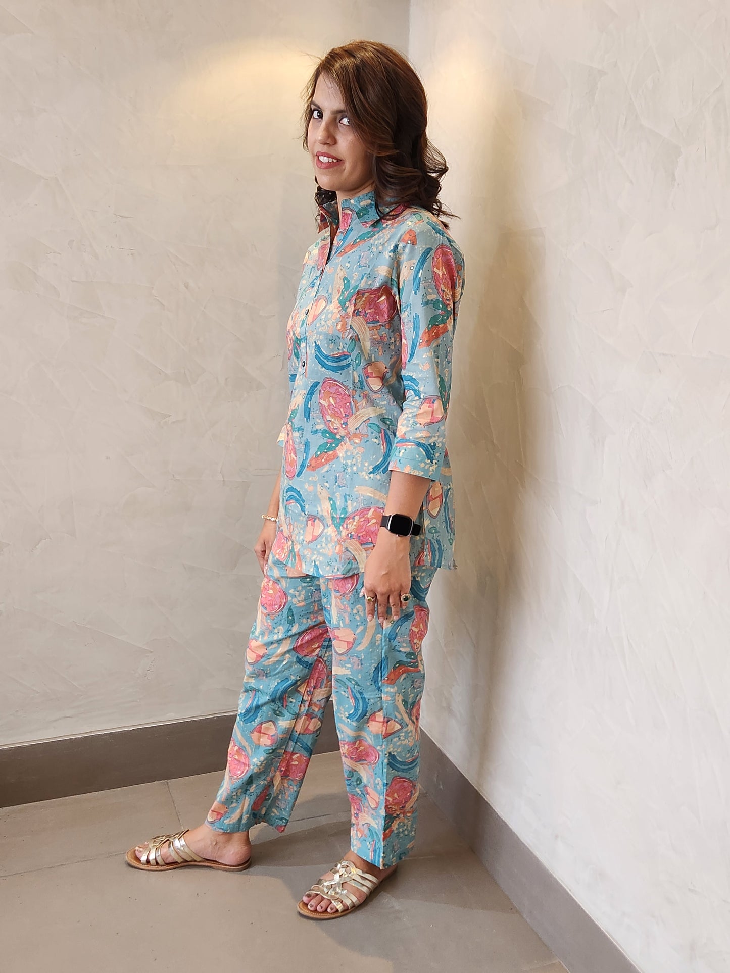 Blue Floral Print Cotton Coord Set
