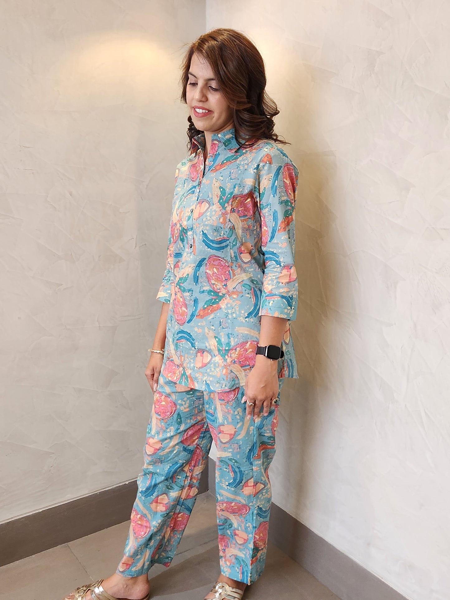 Blue Floral Print Cotton Coord Set