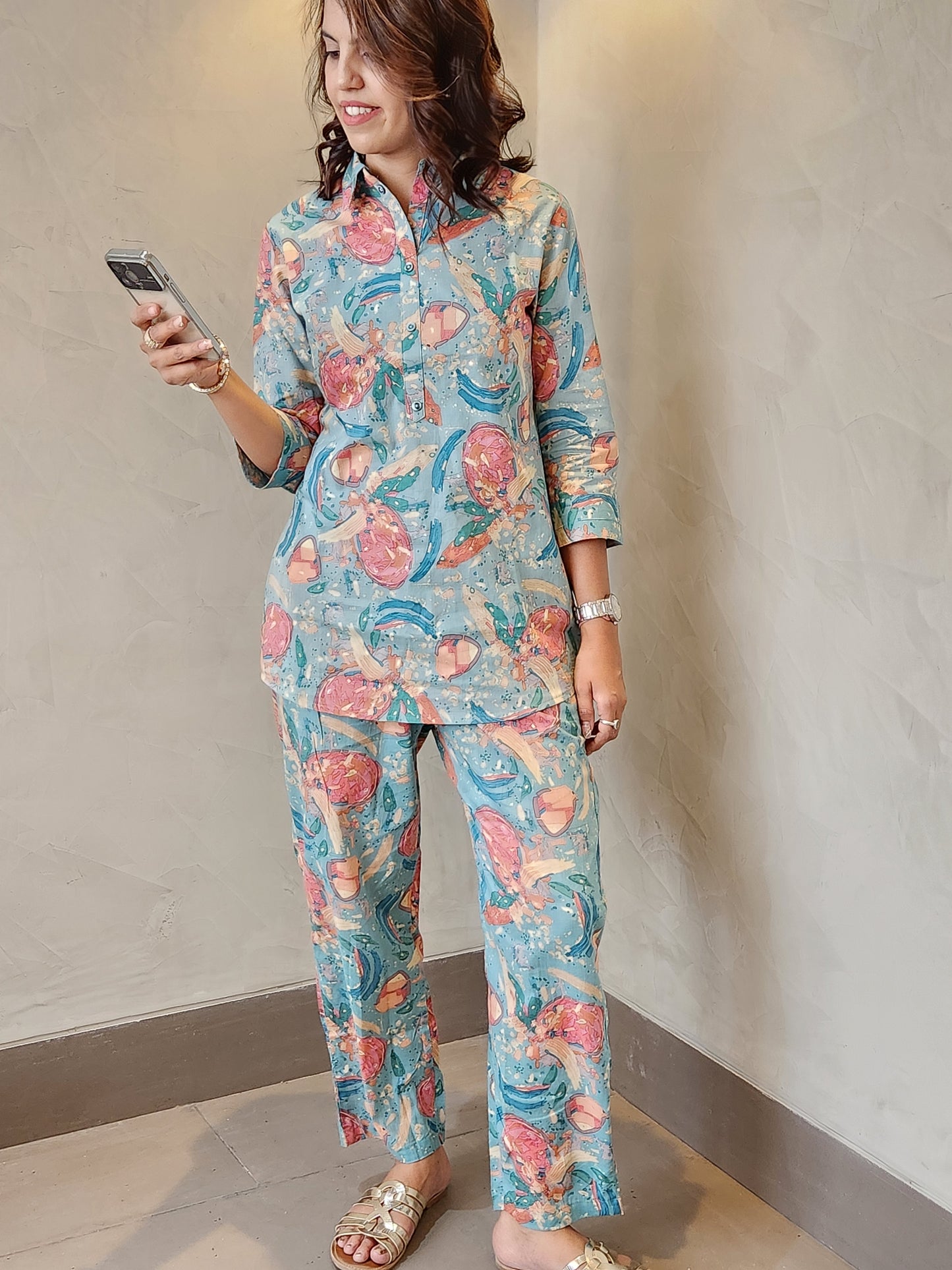 Blue Floral Print Cotton Coord Set