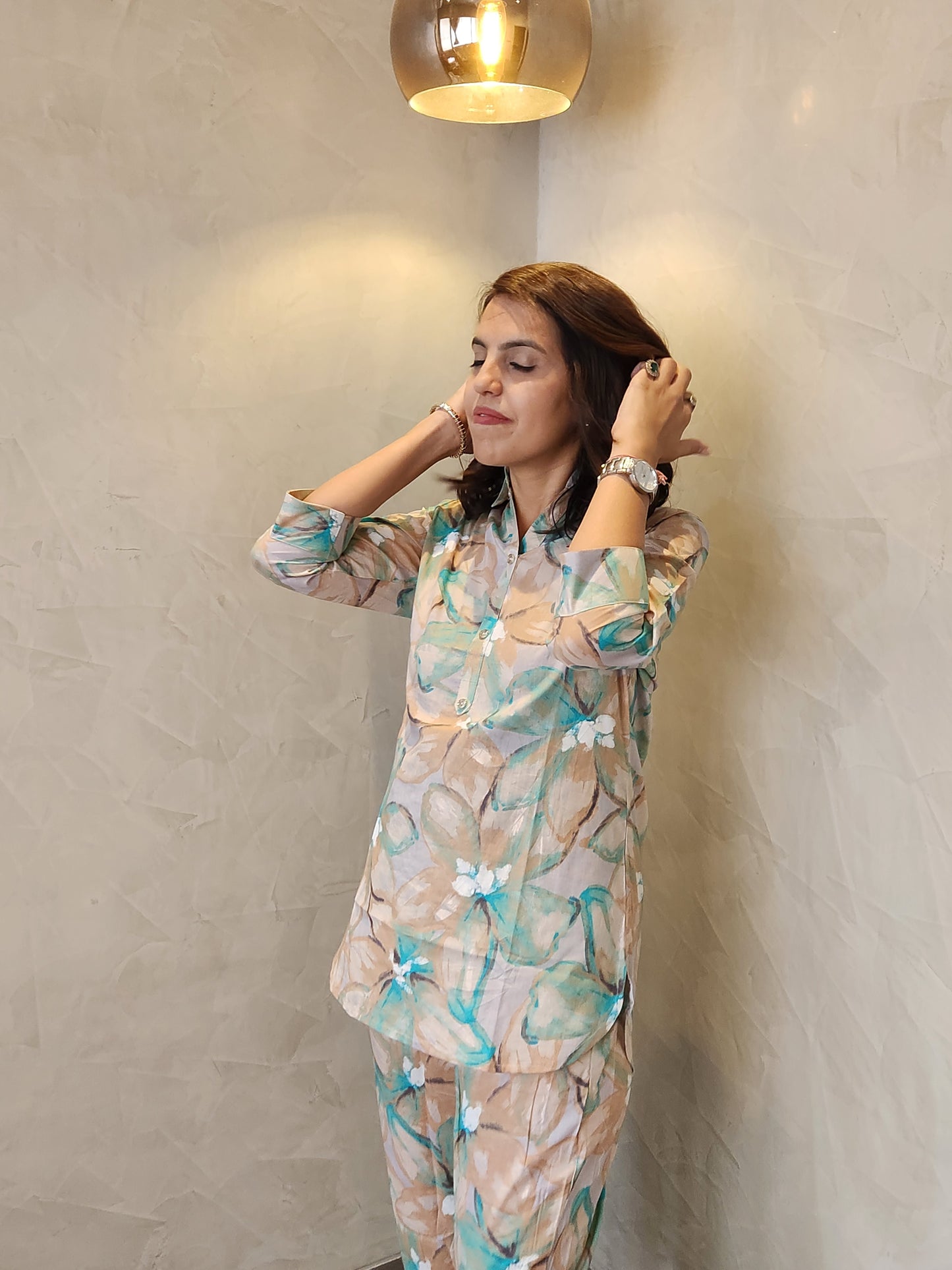 Sea Green Floral Print Cotton Coord Set