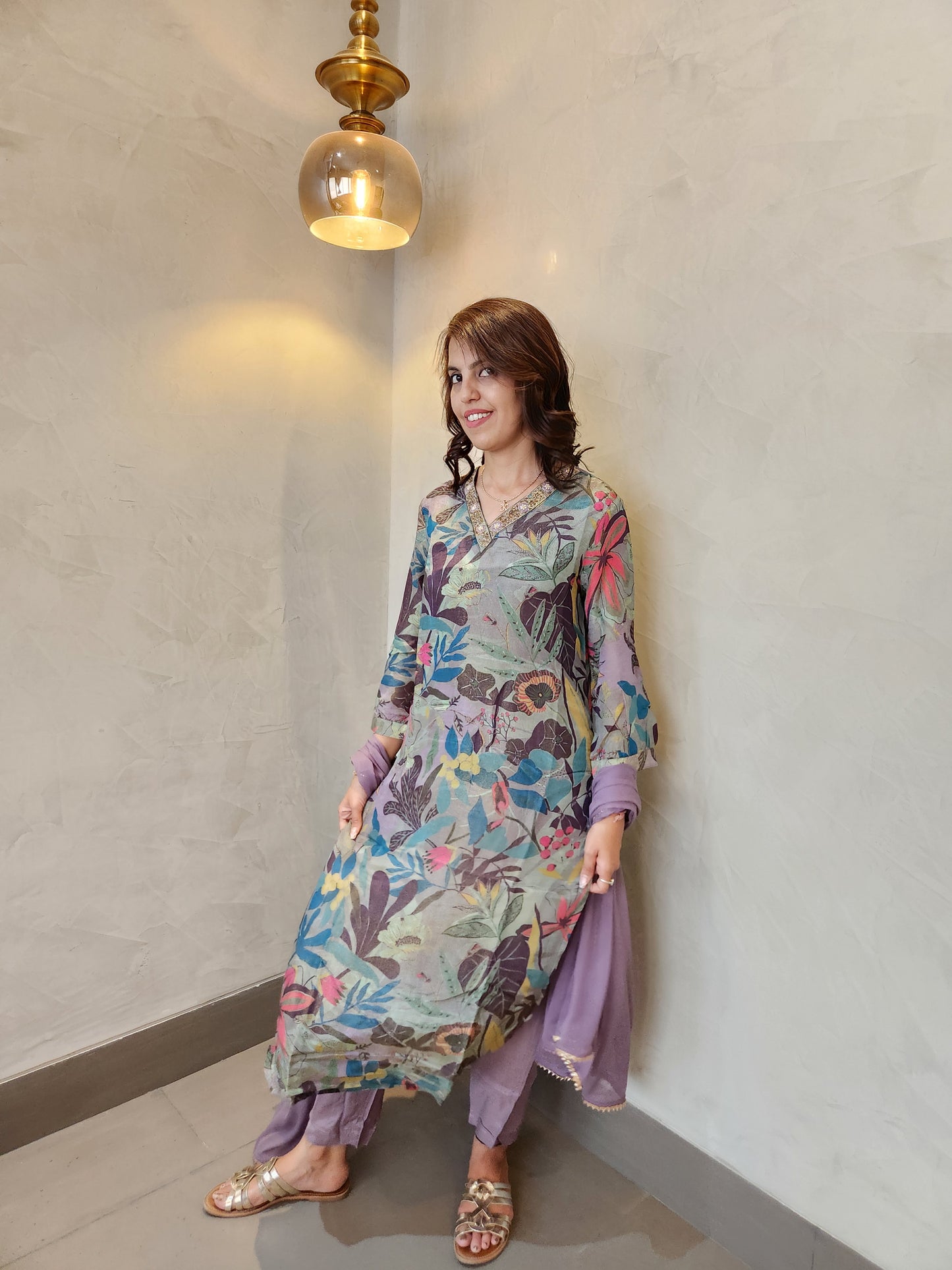 Blue Floral Print Kurta Pant & Dupatta Set