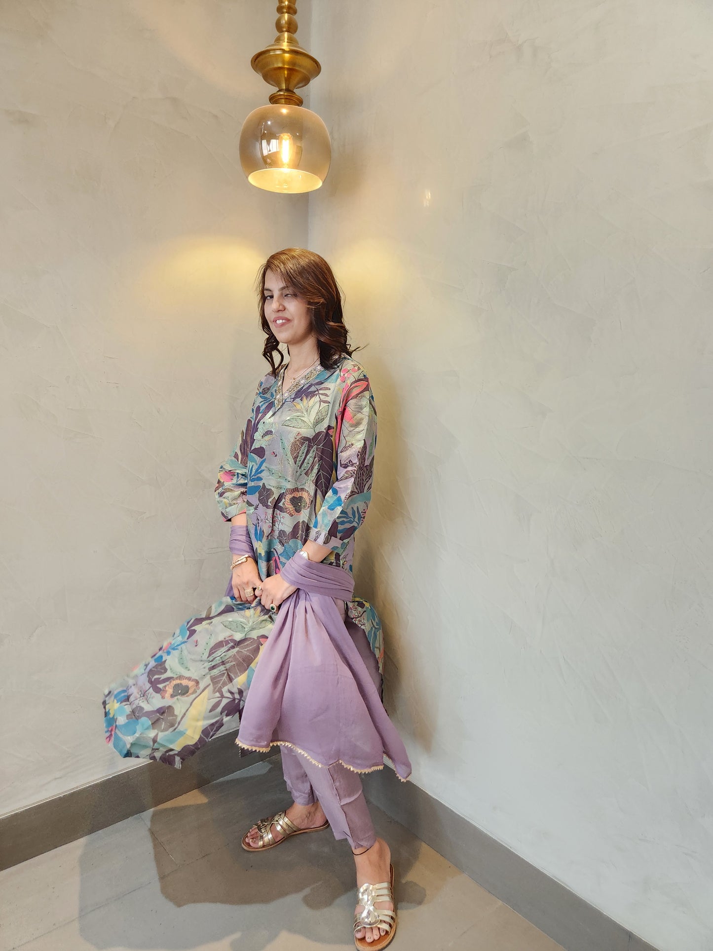 Blue Floral Print Kurta Pant & Dupatta Set