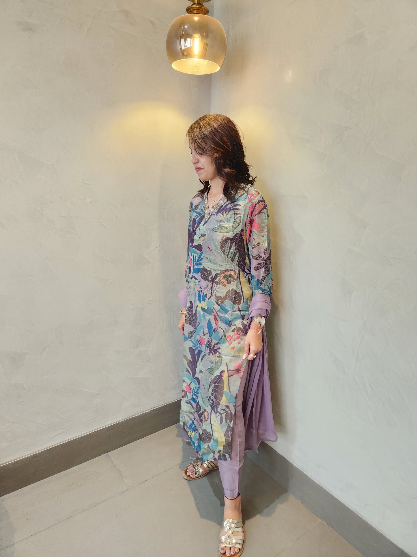Blue Floral Print Kurta Pant & Dupatta Set
