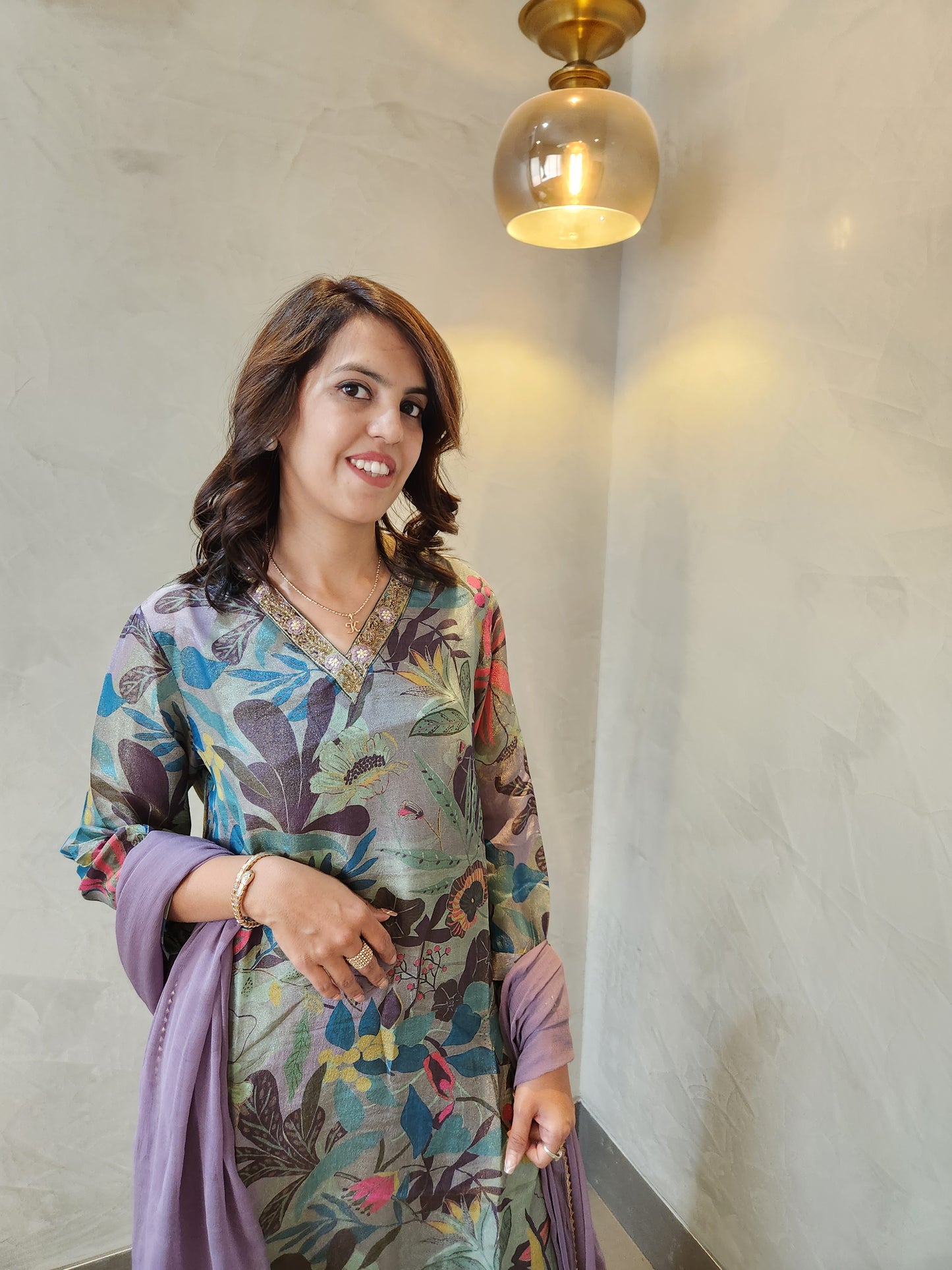 Blue Floral Print Kurta Pant & Dupatta Set