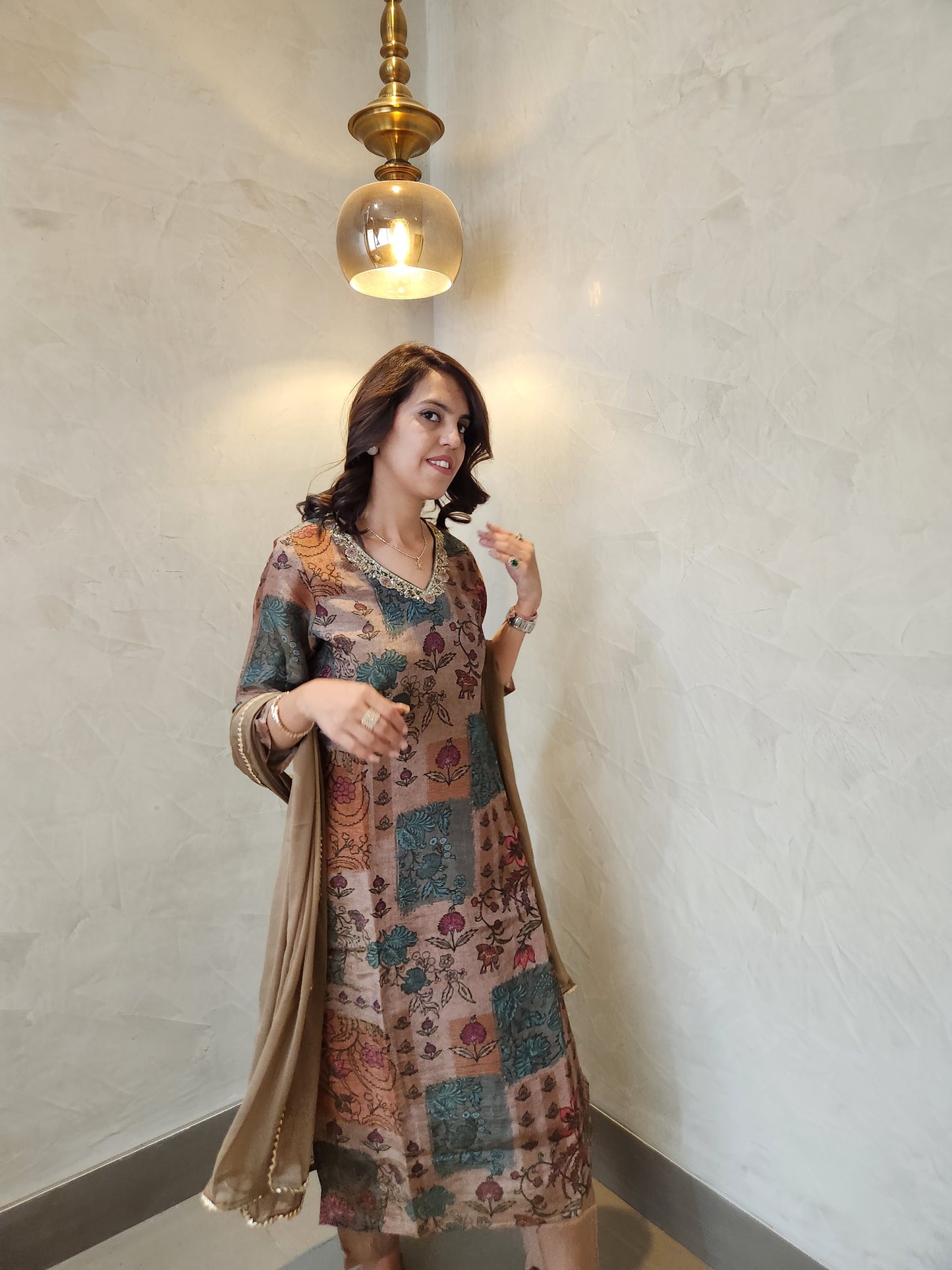 Brown Floral Print Kurta Pant & Dupatta Set