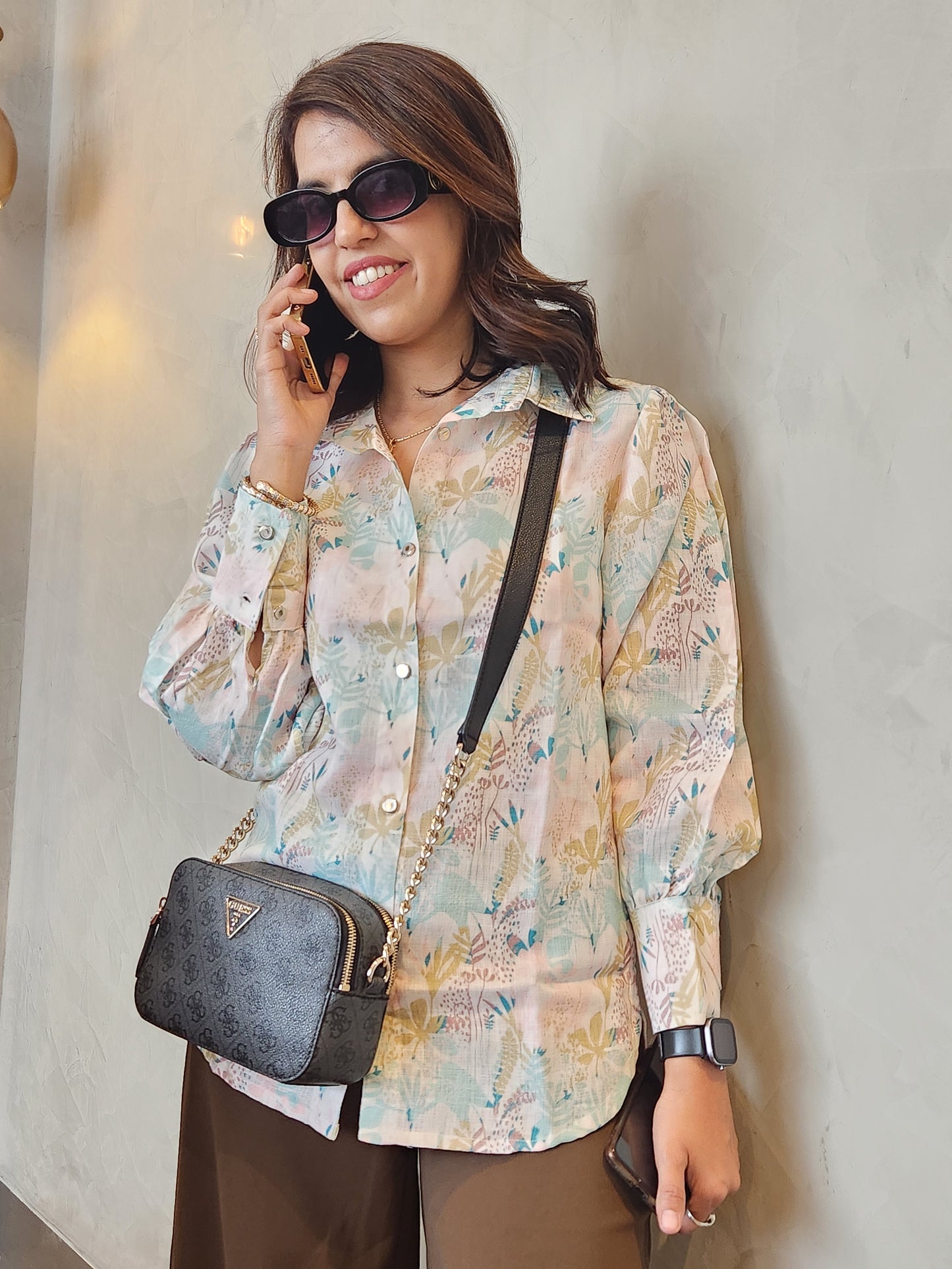 Beige Floral Print Cotton Top