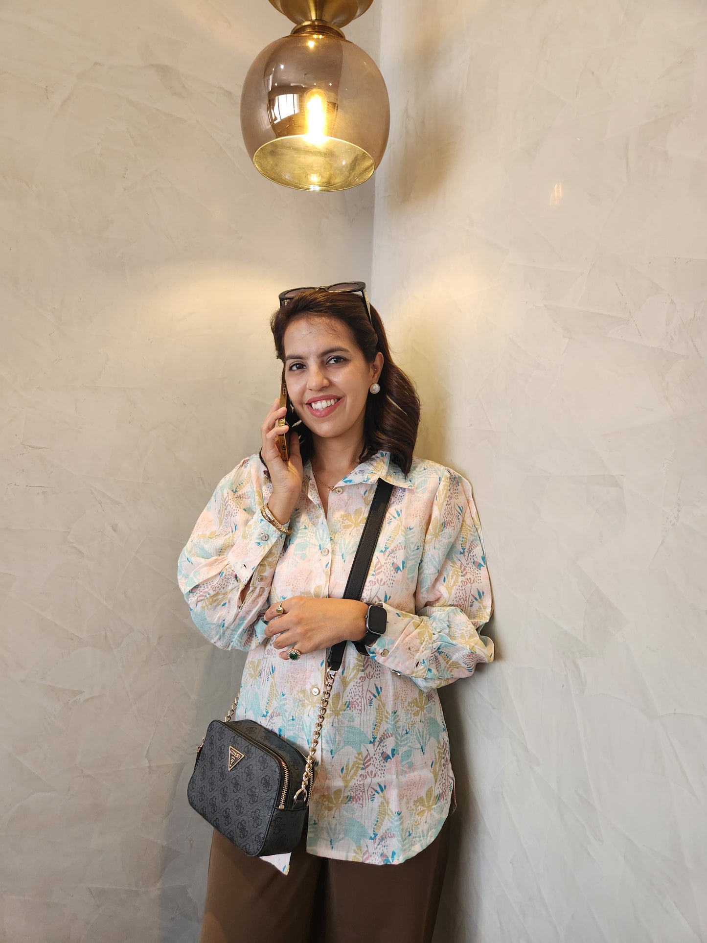 Beige Floral Print Cotton Top