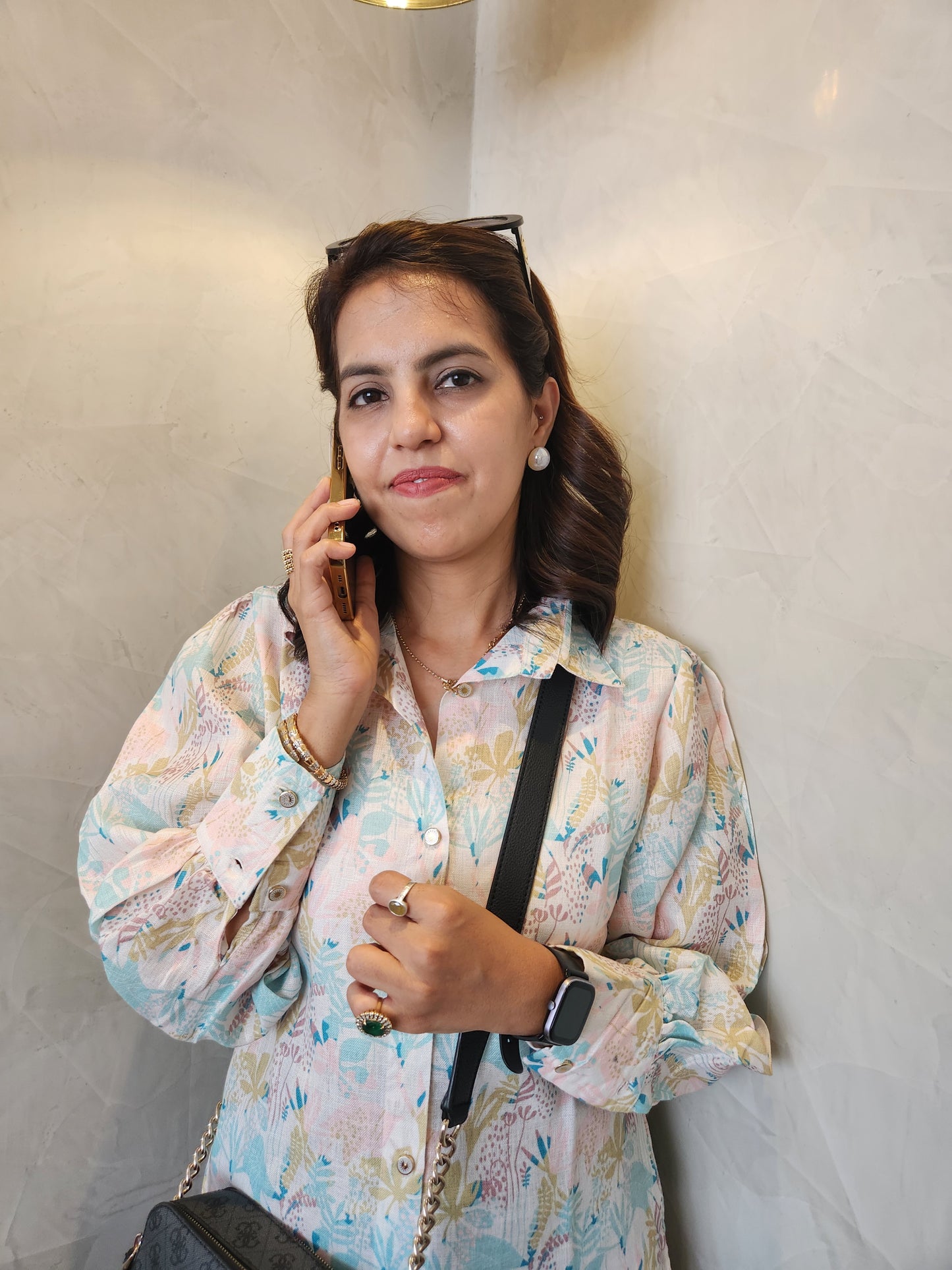 Beige Floral Print Cotton Top