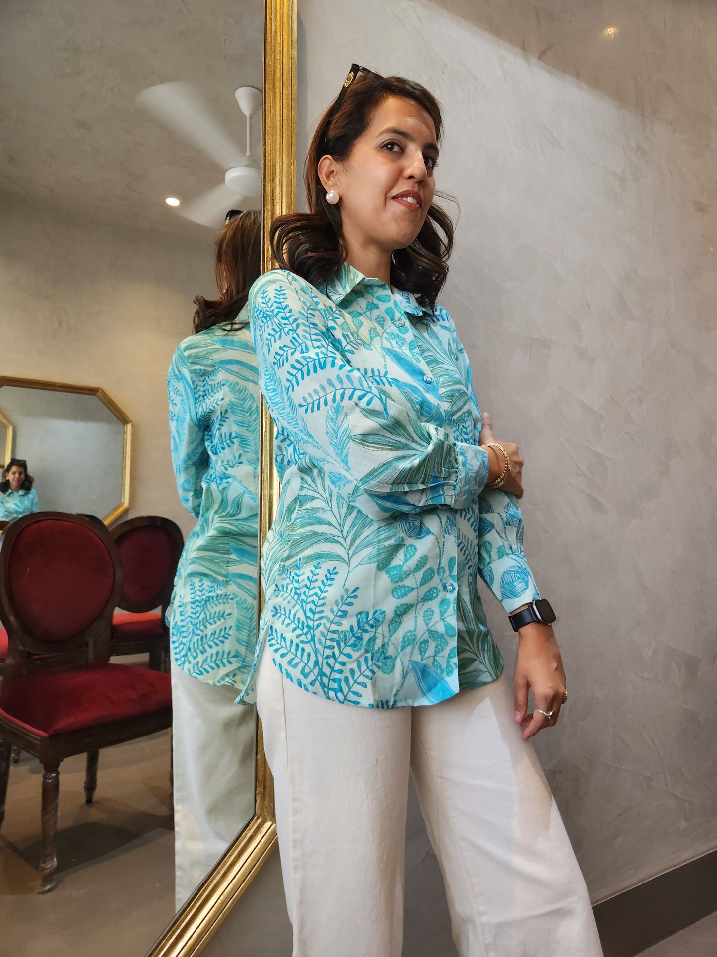 Sky Blue Floral Print Cotton Top