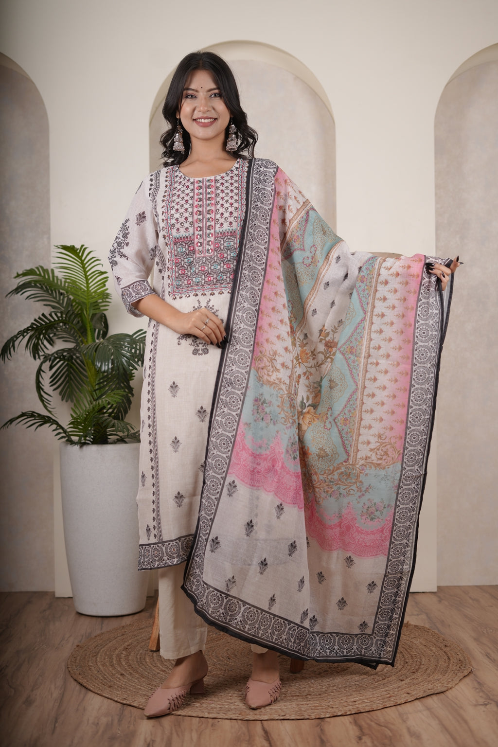 White Black Kurti Pant dupatta set