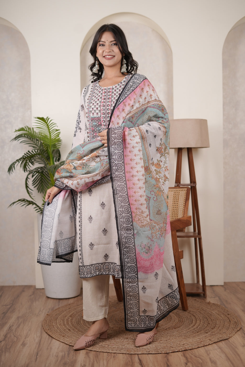 White Black Kurti Pant dupatta set