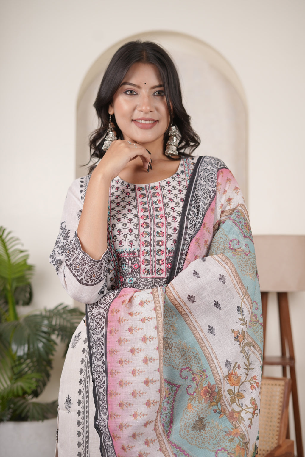 White Black Kurti Pant dupatta set