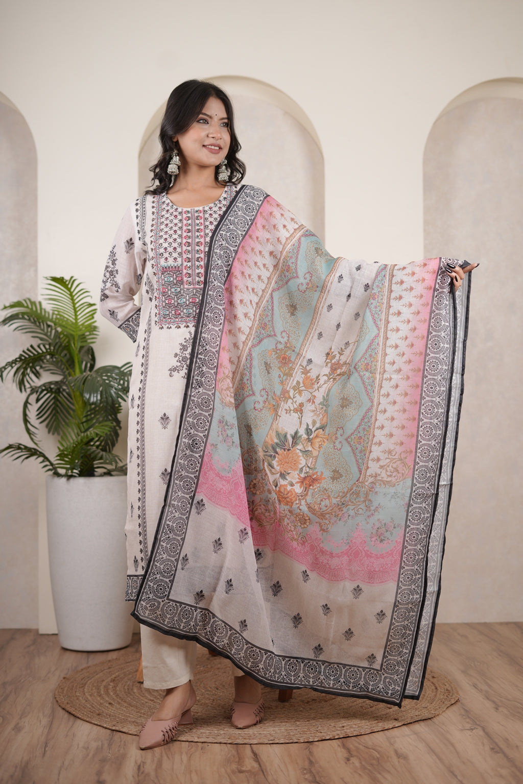 White Black Kurti Pant dupatta set