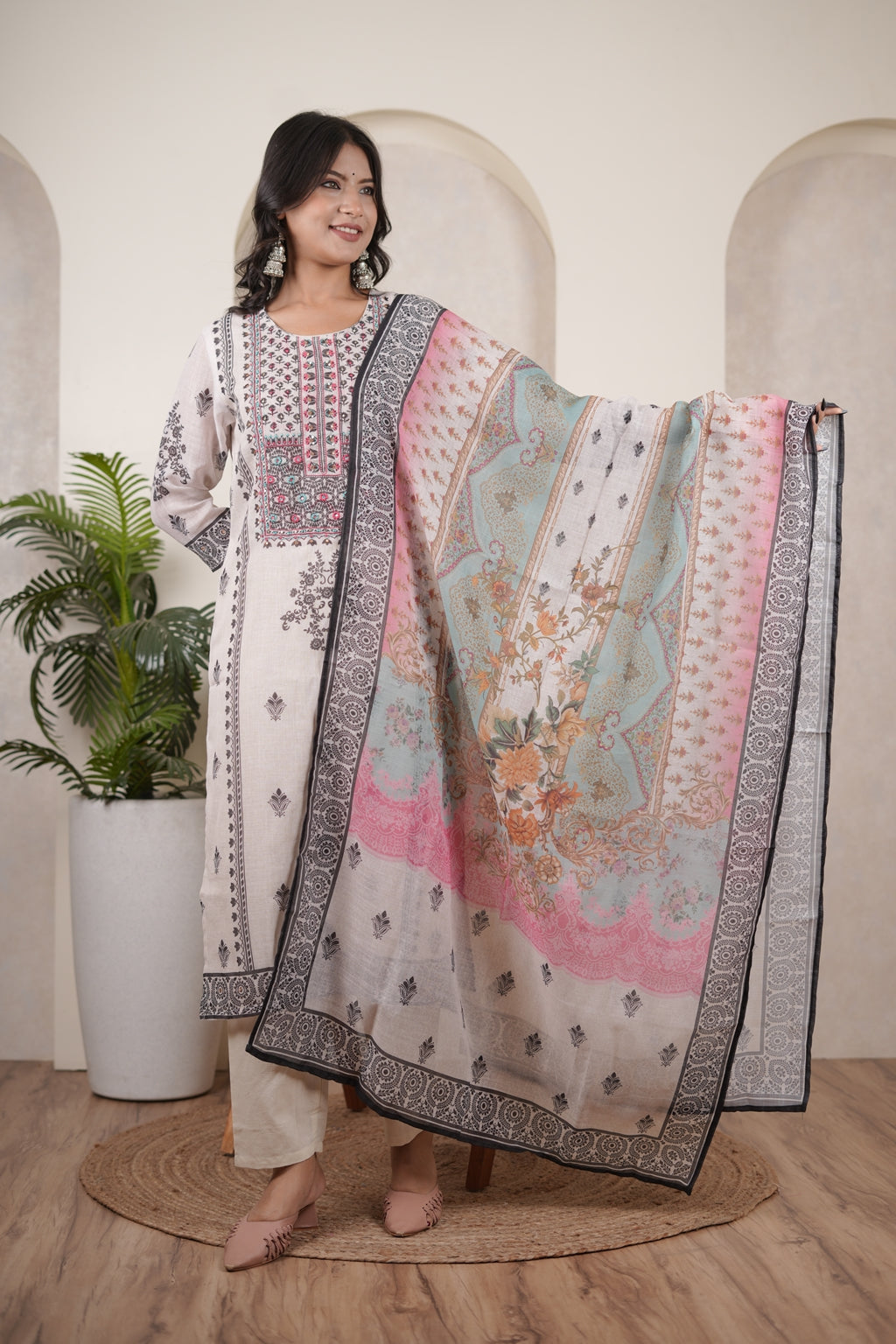 White Black Kurti Pant dupatta set