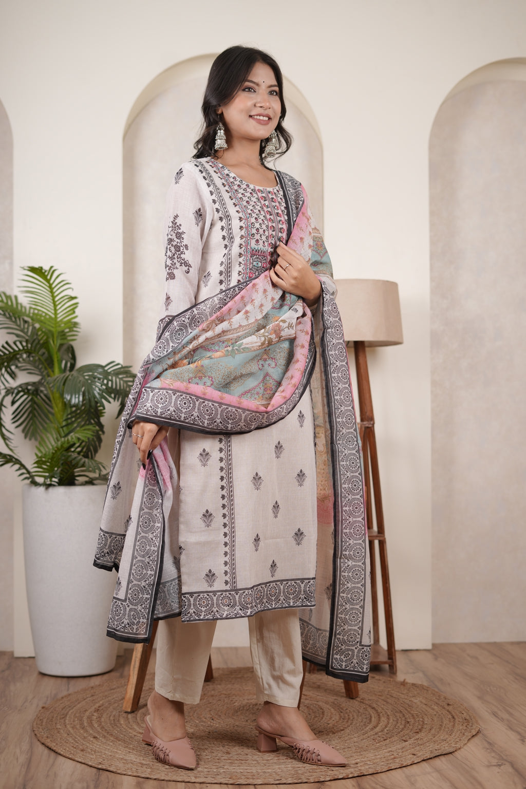 White Black Kurti Pant dupatta set