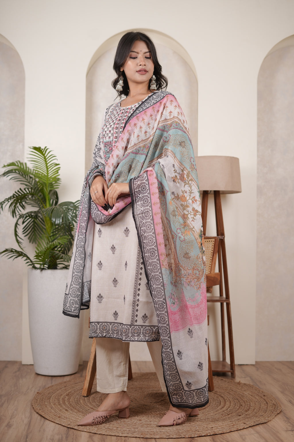 White Black Kurti Pant dupatta set