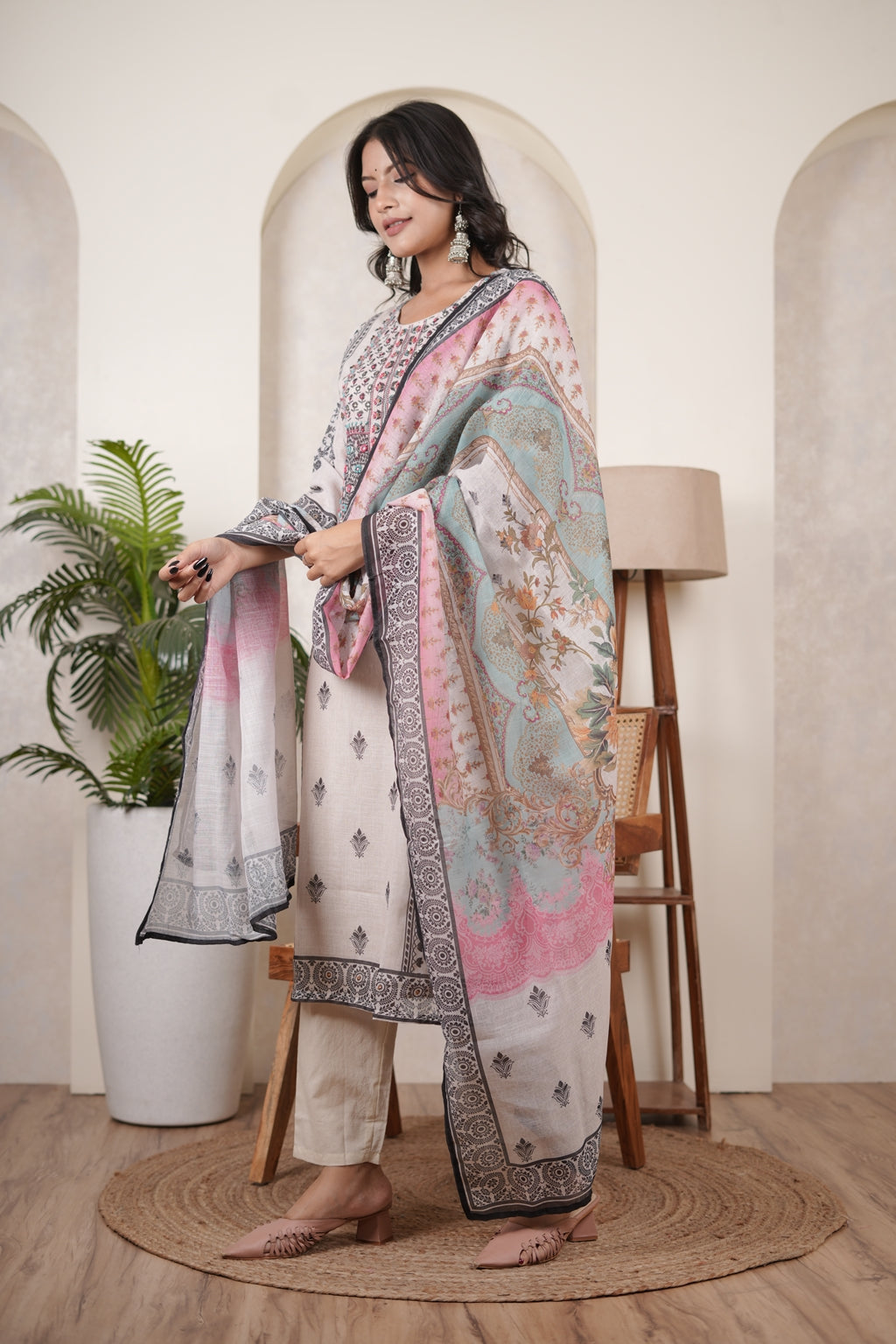 White Black Kurti Pant dupatta set