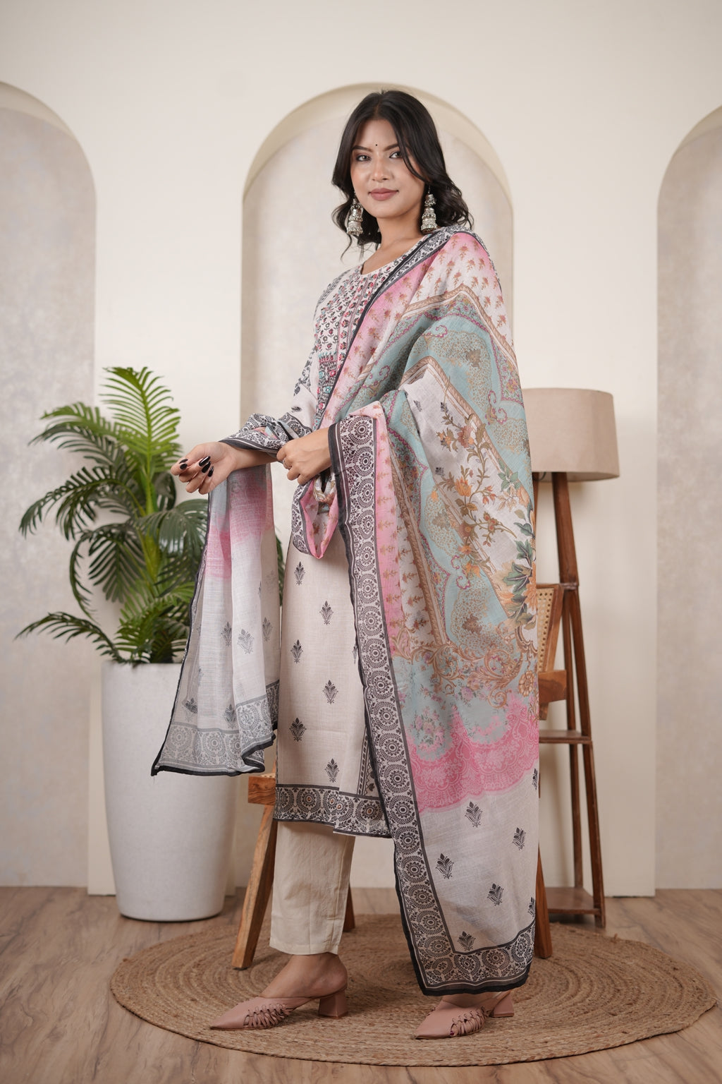 White Black Kurti Pant dupatta set