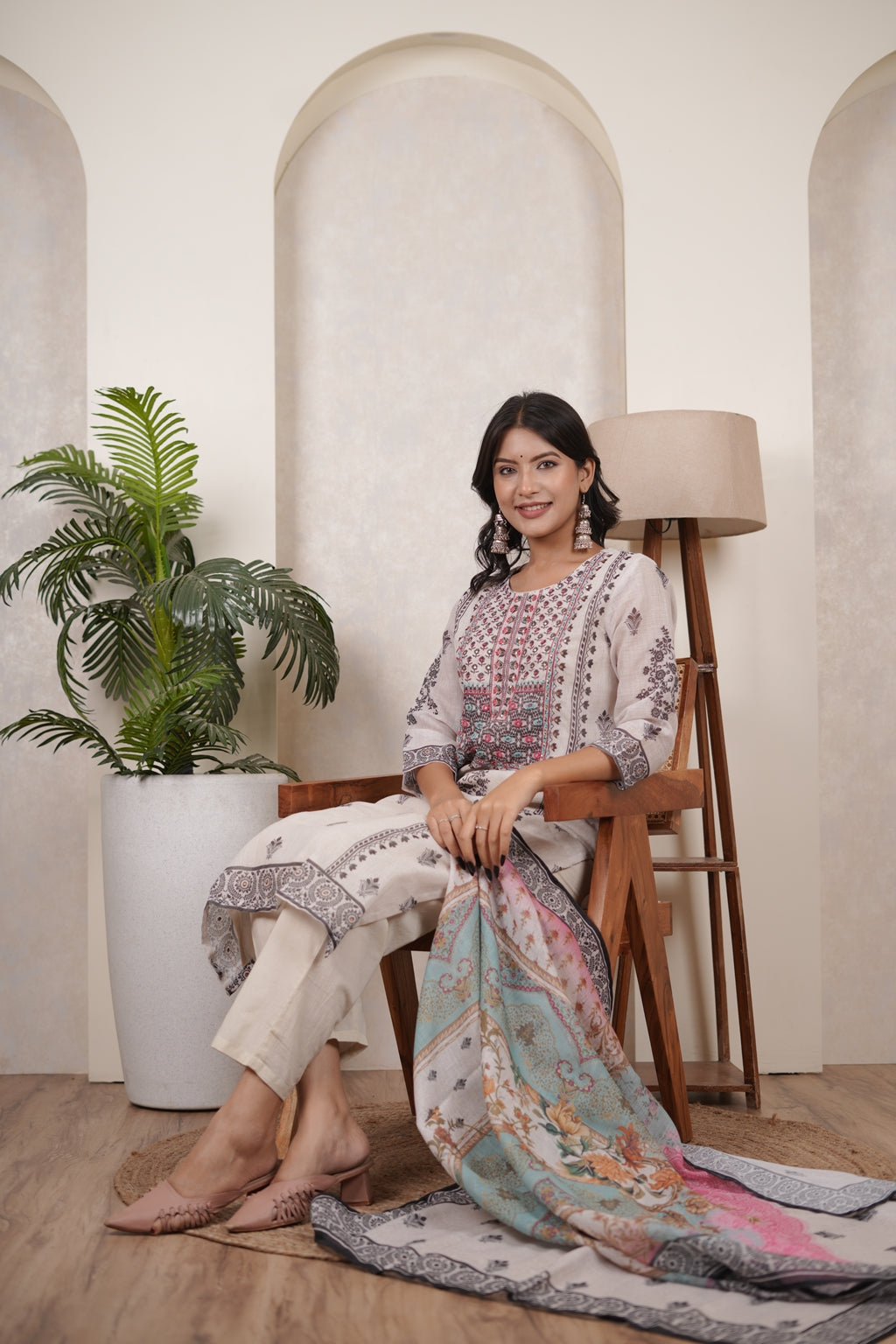 White Black Kurti Pant dupatta set