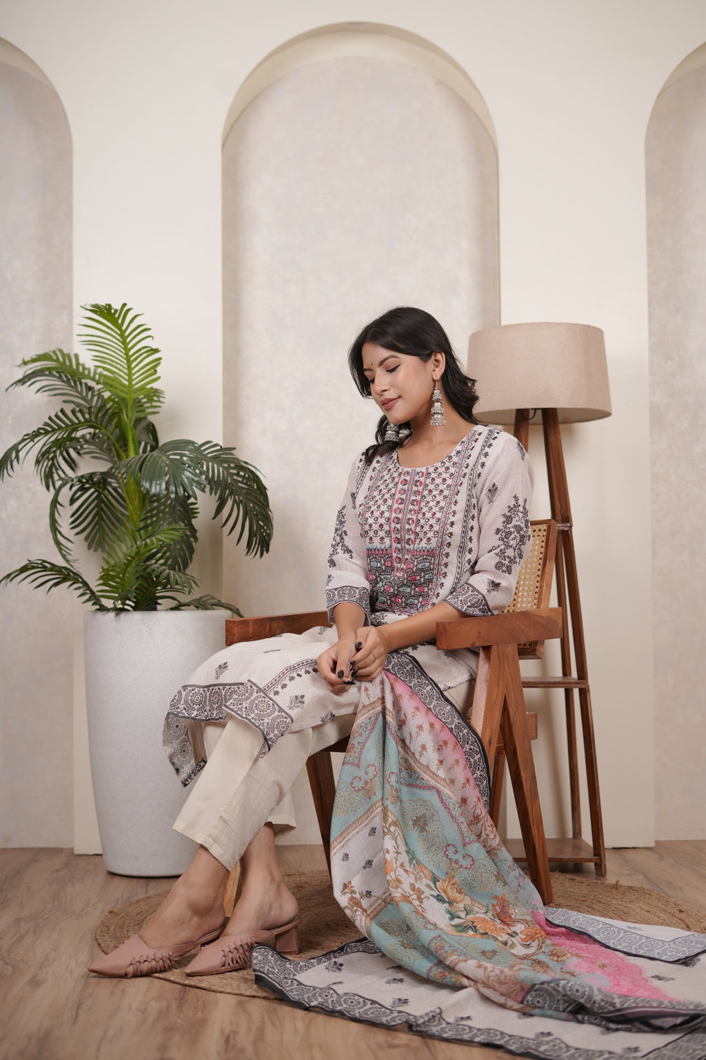 White Black Kurti Pant dupatta set