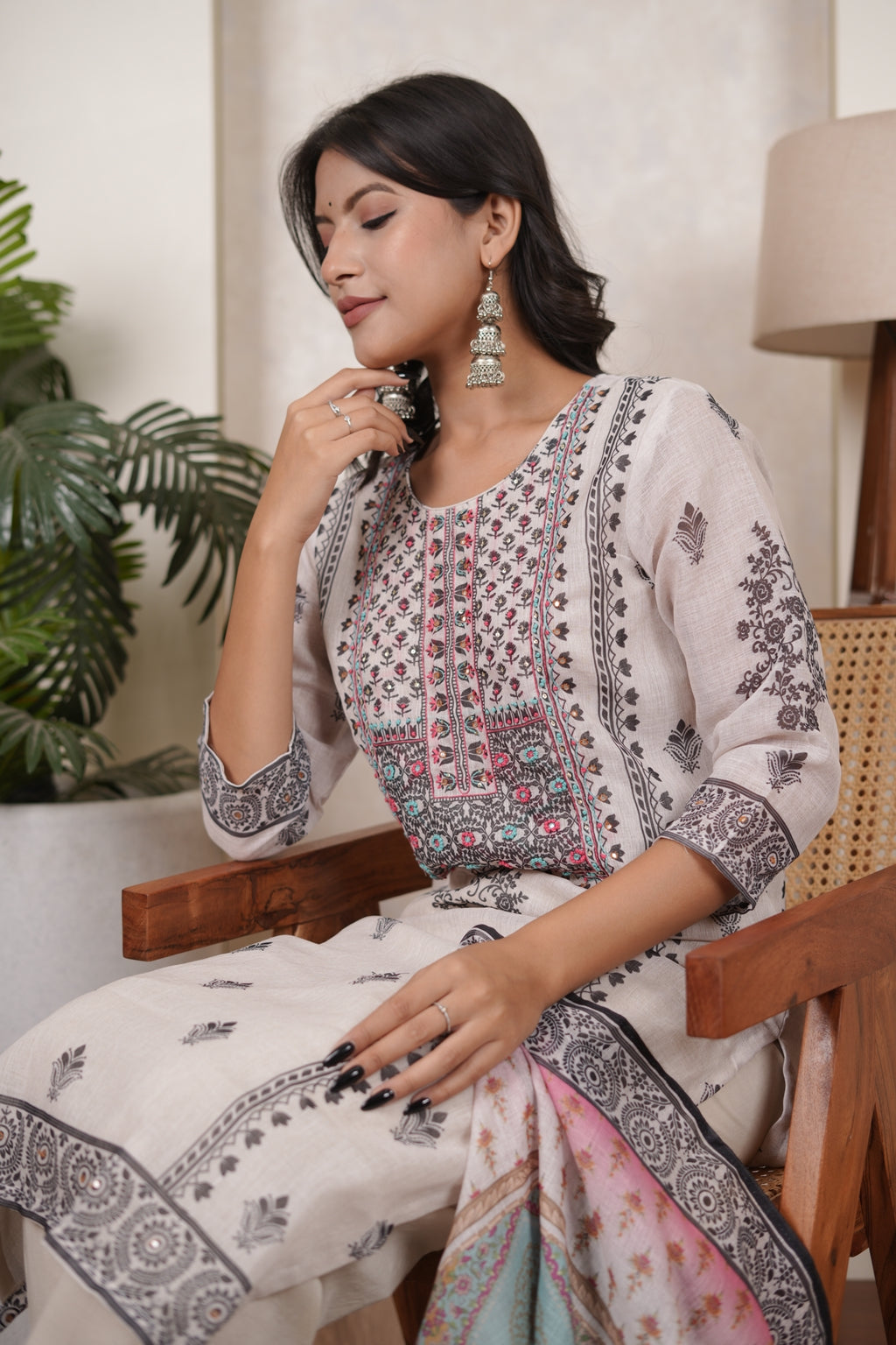 White Black Kurti Pant dupatta set