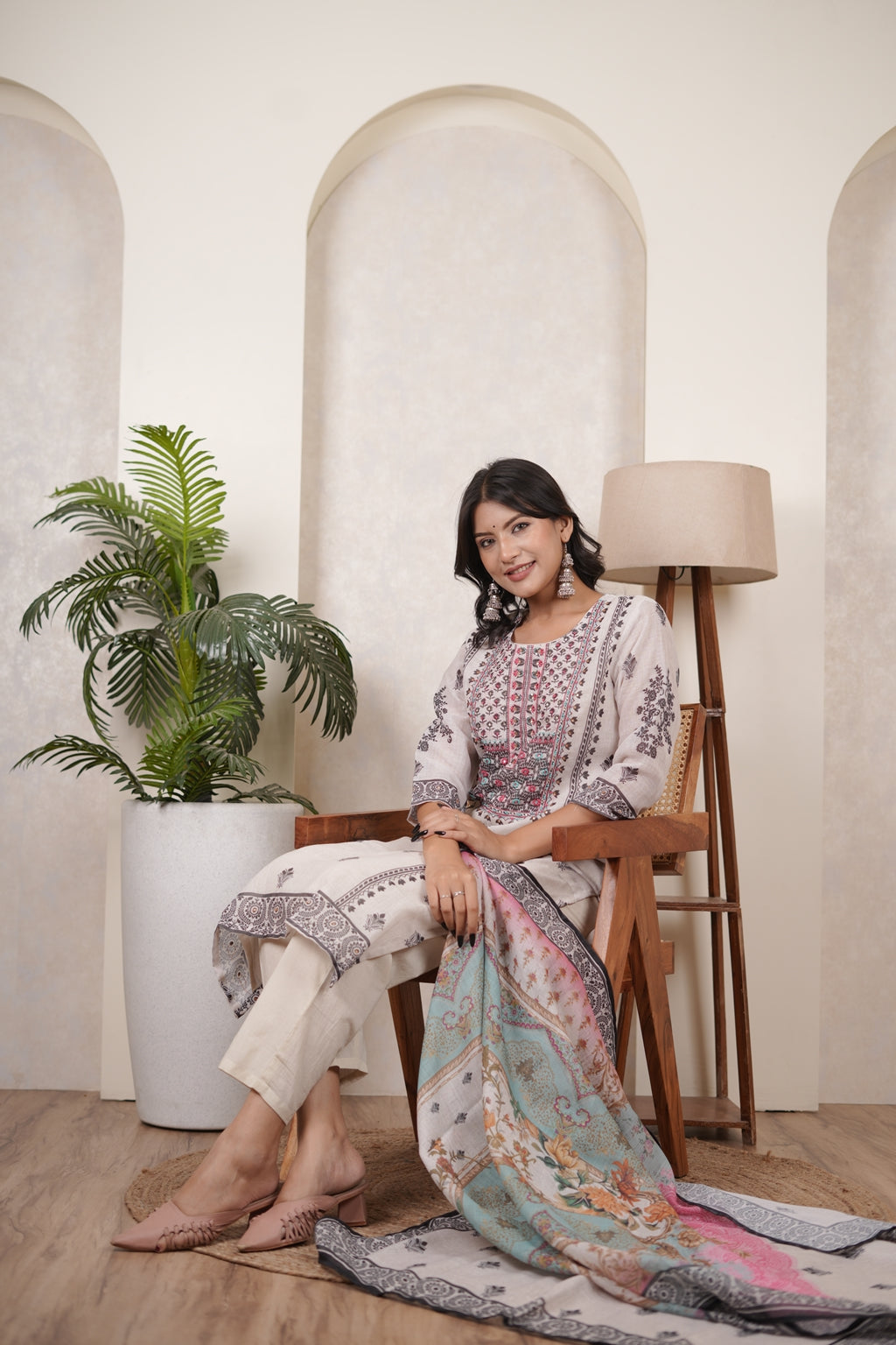 White Black Kurti Pant dupatta set