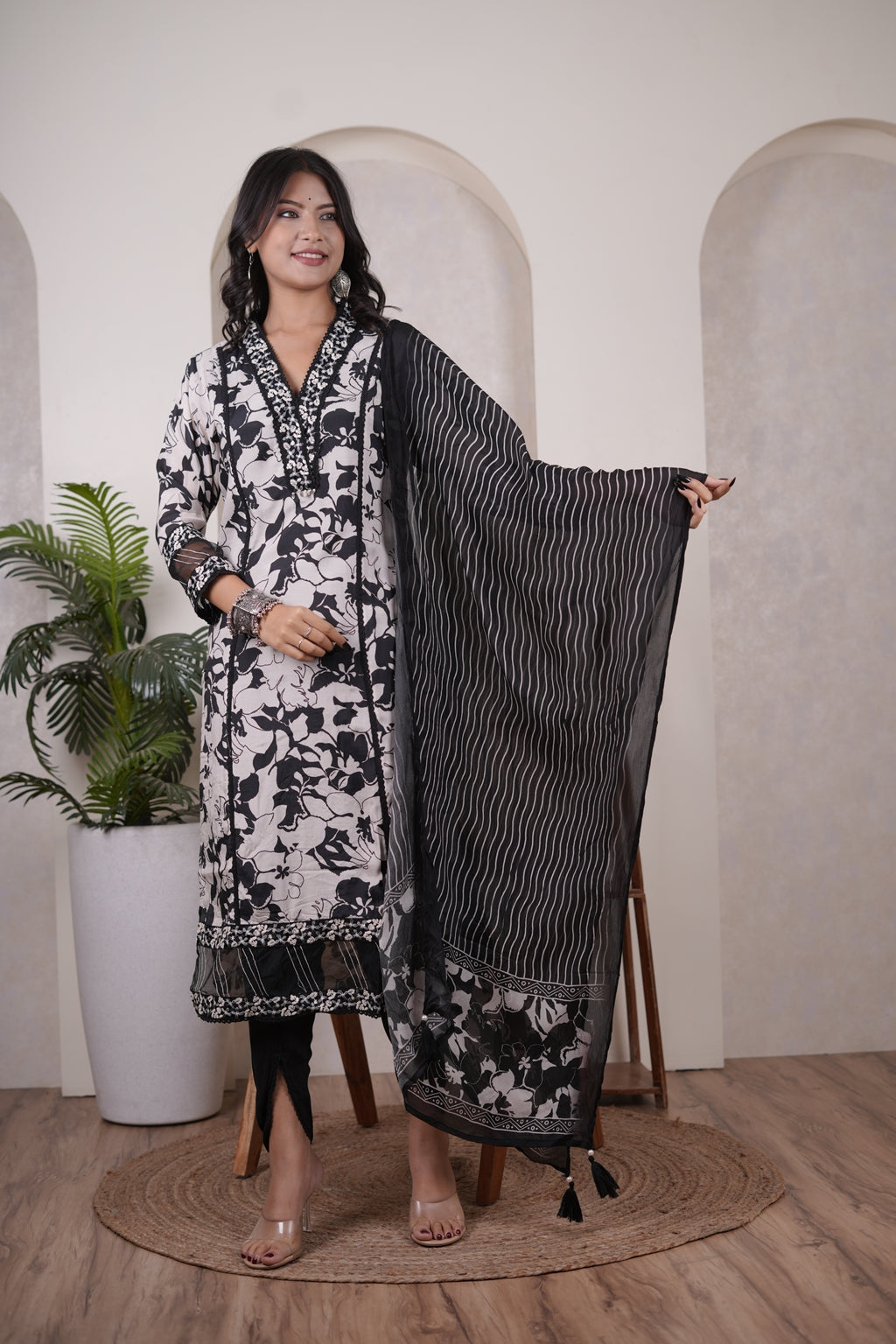 Black Kurti, tulip pant, and dupatta set