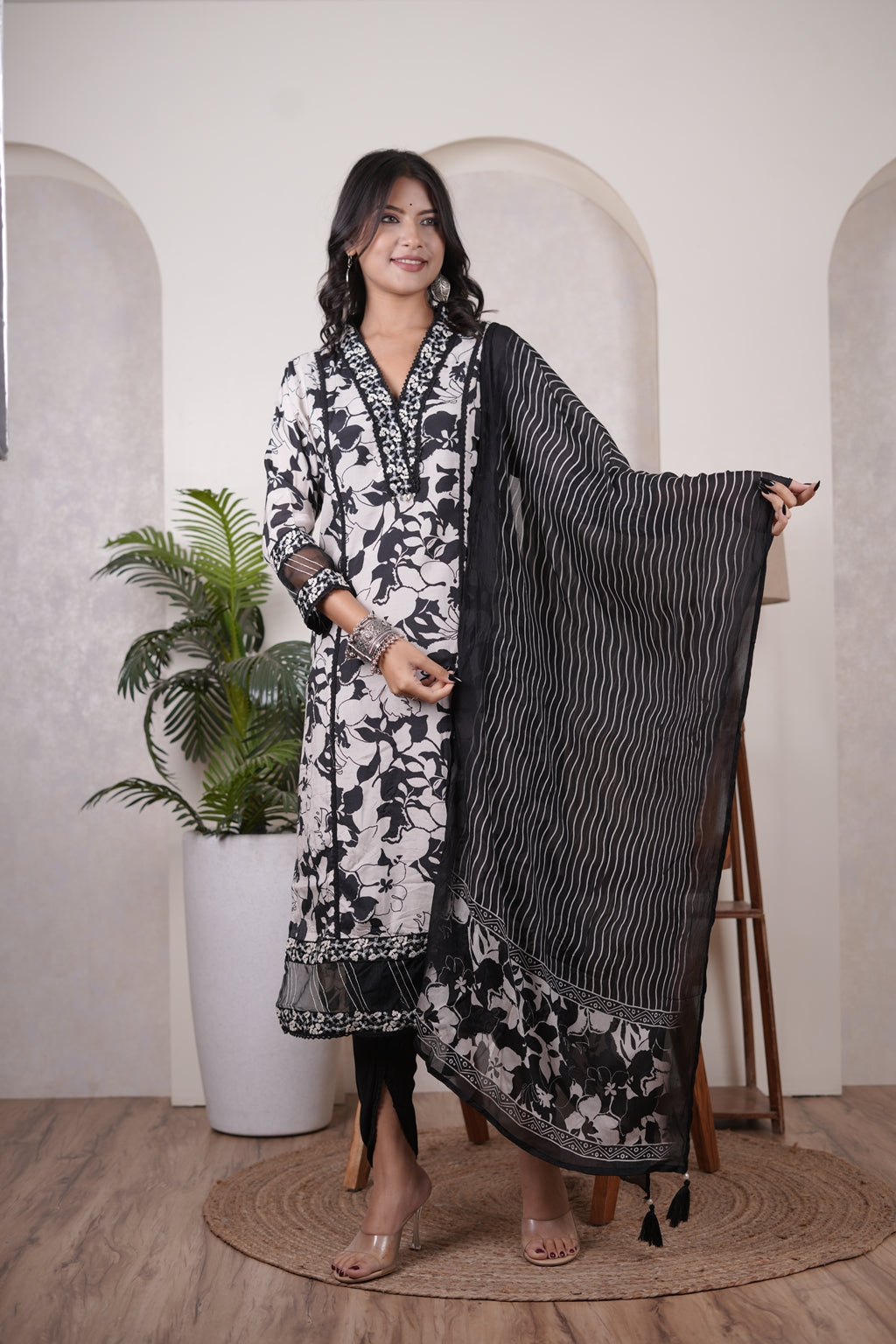 Black Kurti, tulip pant, and dupatta set