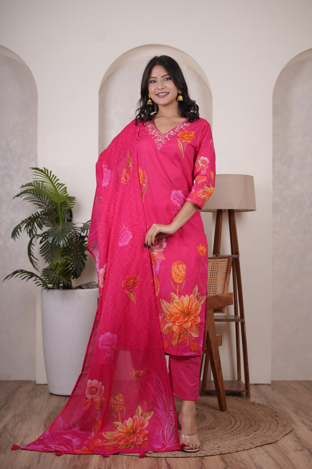 Hot pink Kurti Pant dupatta set