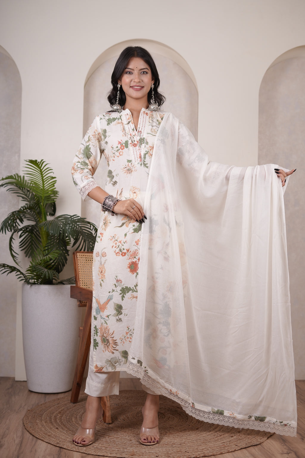 Cream color with White Kurti Pant dupatta set