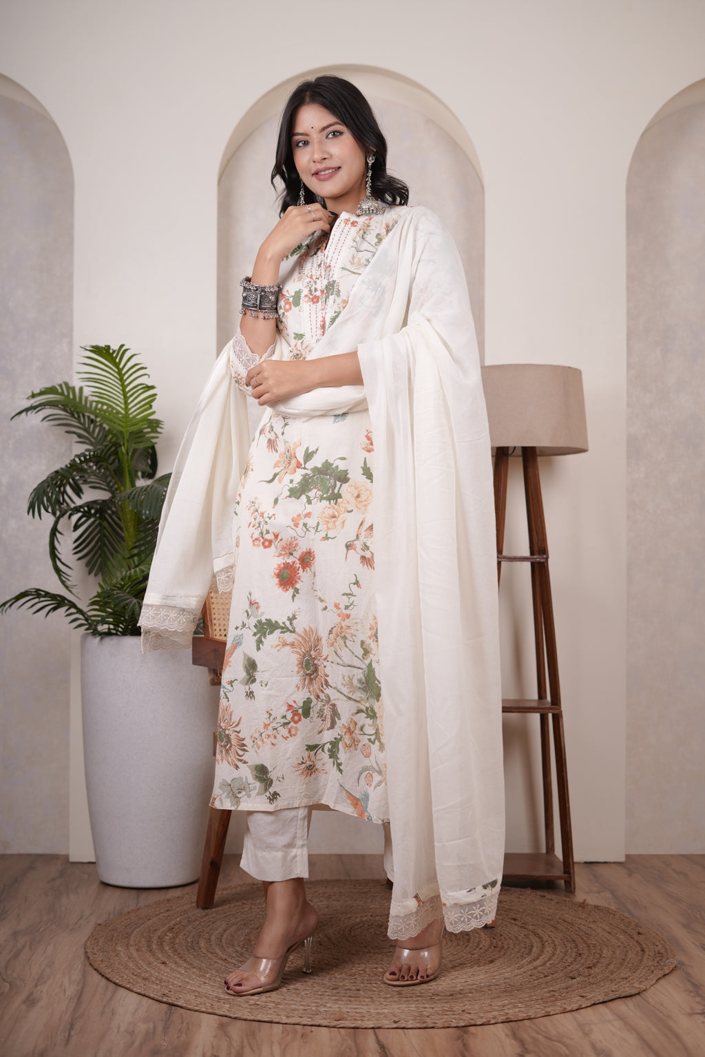 Cream color with White Kurti Pant dupatta set