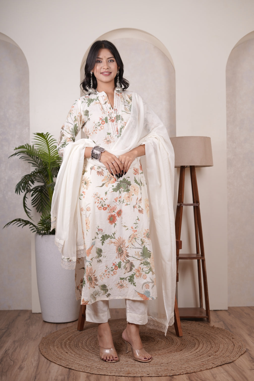 Cream color with White Kurti Pant dupatta set