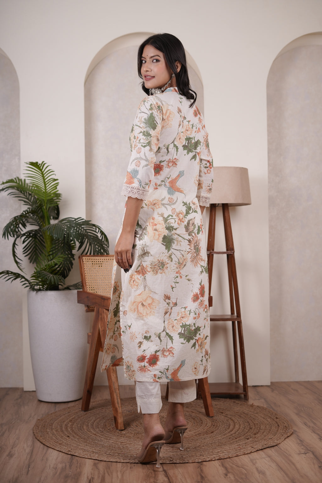 Cream color with White Kurti Pant dupatta set