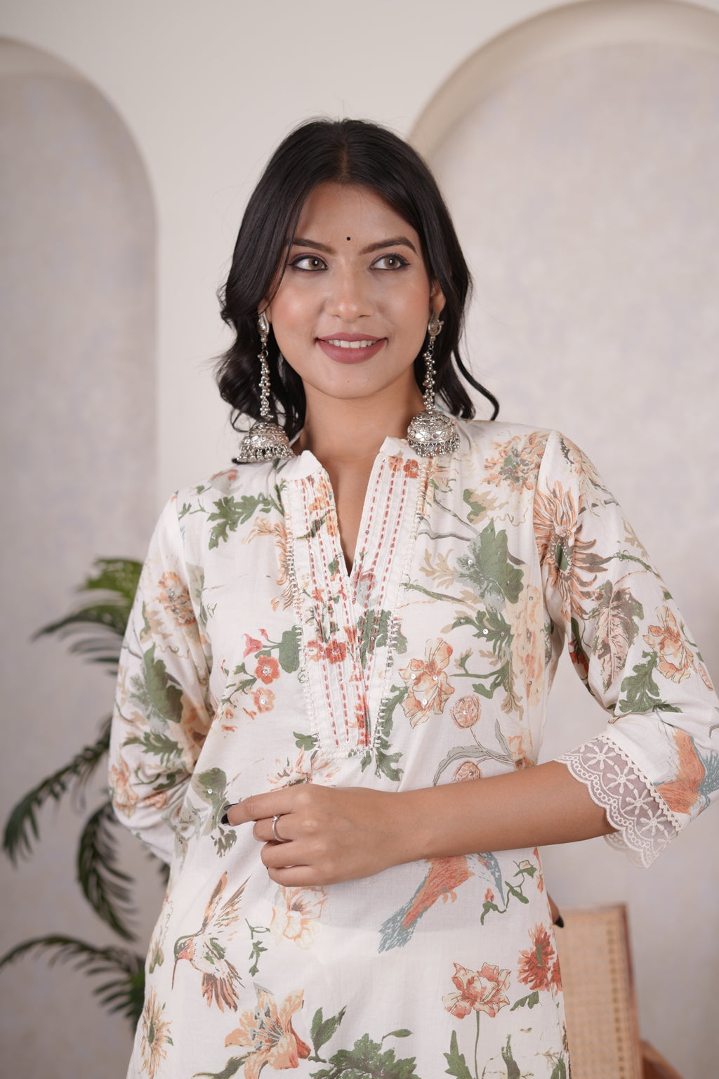 Cream color with White Kurti Pant dupatta set