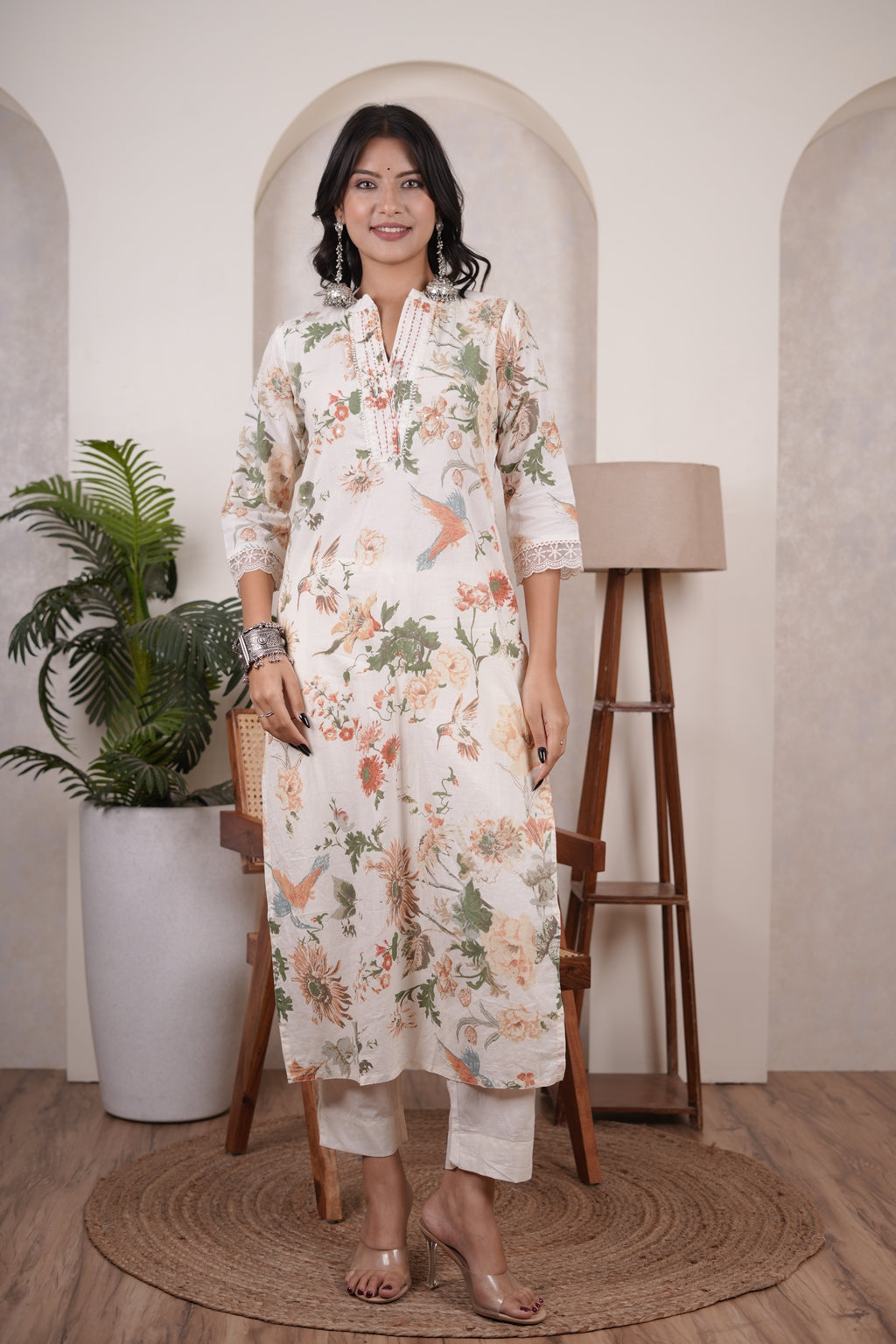 Cream color with White Kurti Pant dupatta set