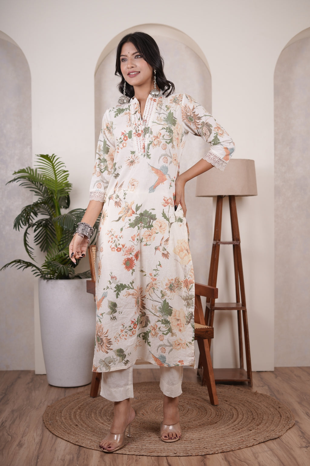 Cream color with White Kurti Pant dupatta set