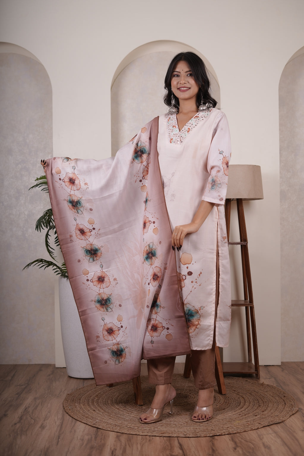 Cream color with Brown Kurti Pant dupatta set
