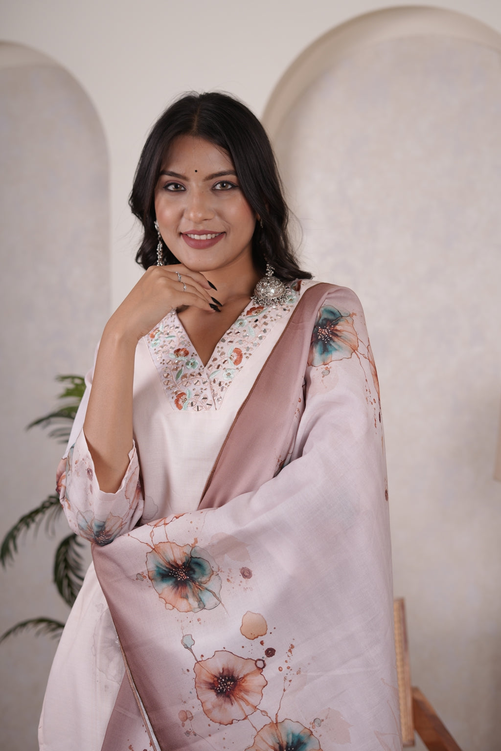 Cream color with Brown Kurti Pant dupatta set