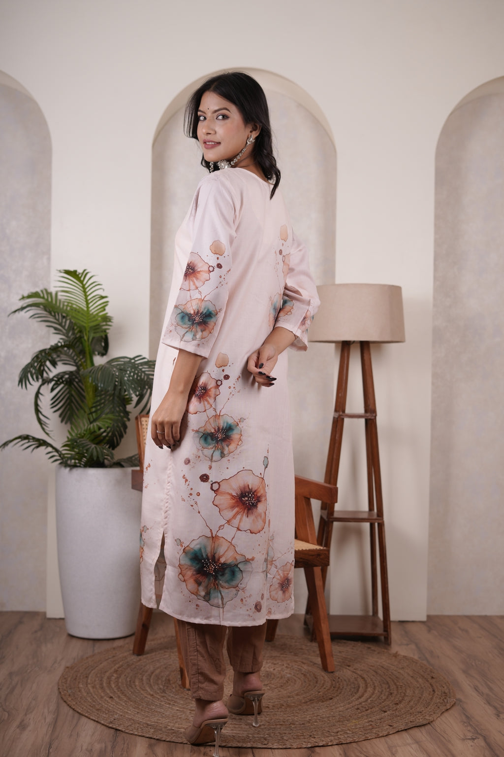 Cream color with Brown Kurti Pant dupatta set