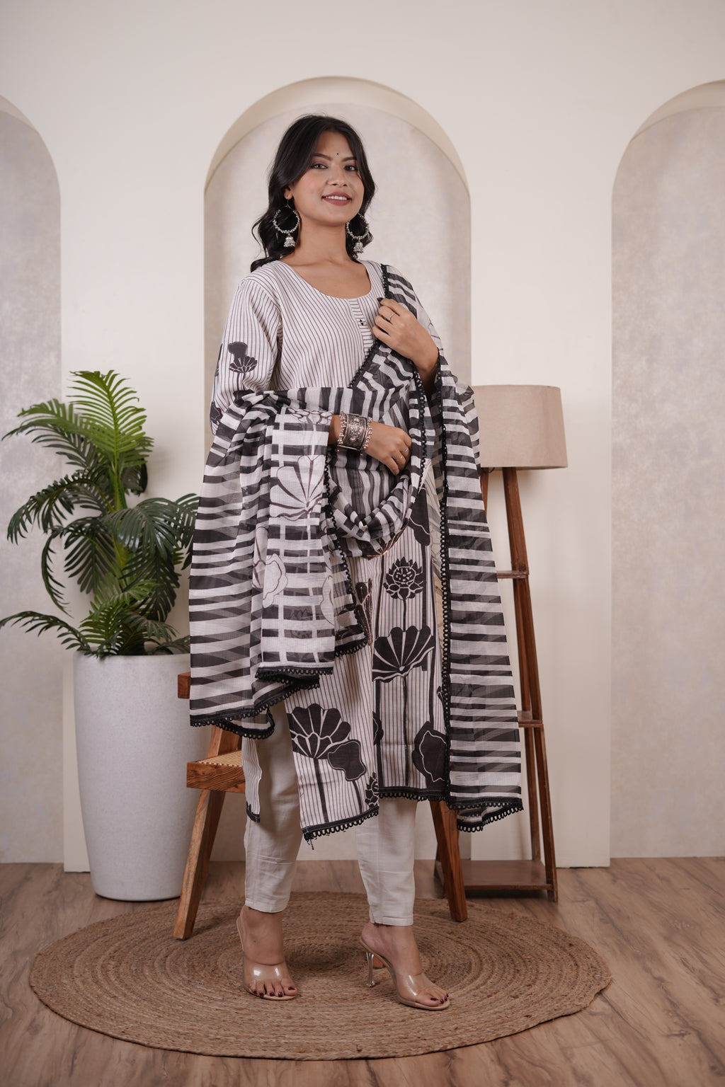 Cream colour with Black Kurti Pant dupatta set