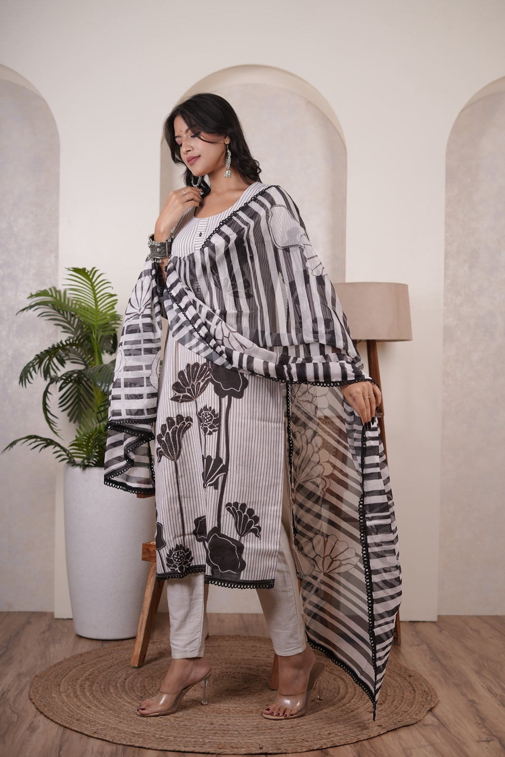 Cream colour with Black Kurti Pant dupatta set