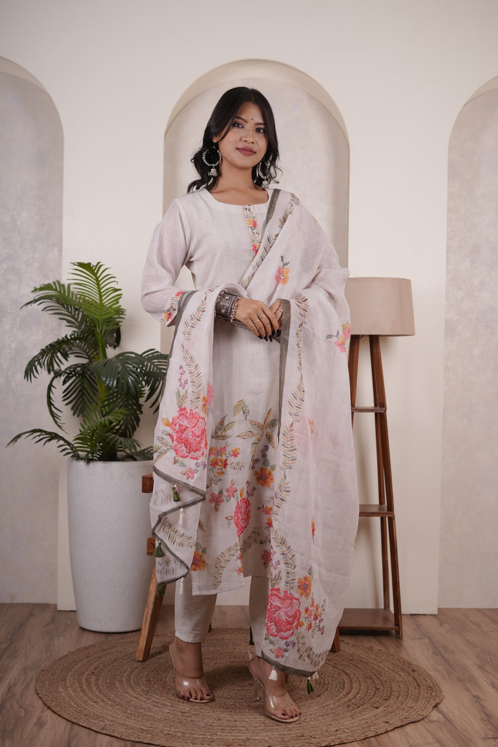 Cream colour Kurti Pant dupatta set