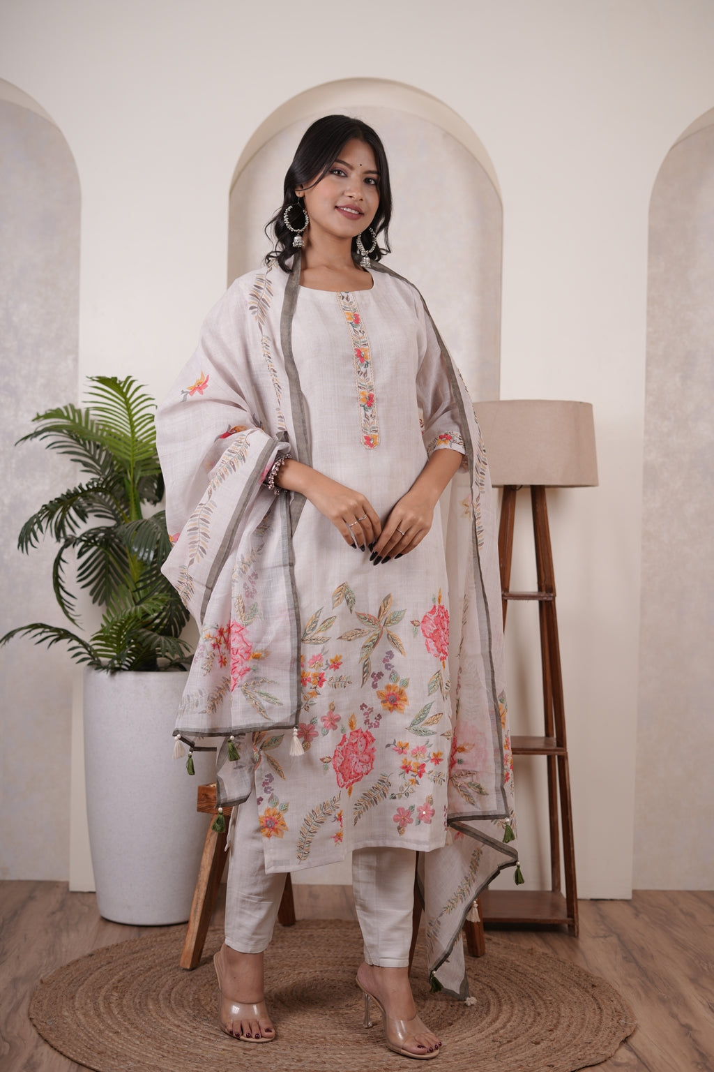 Cream colour Kurti Pant dupatta set
