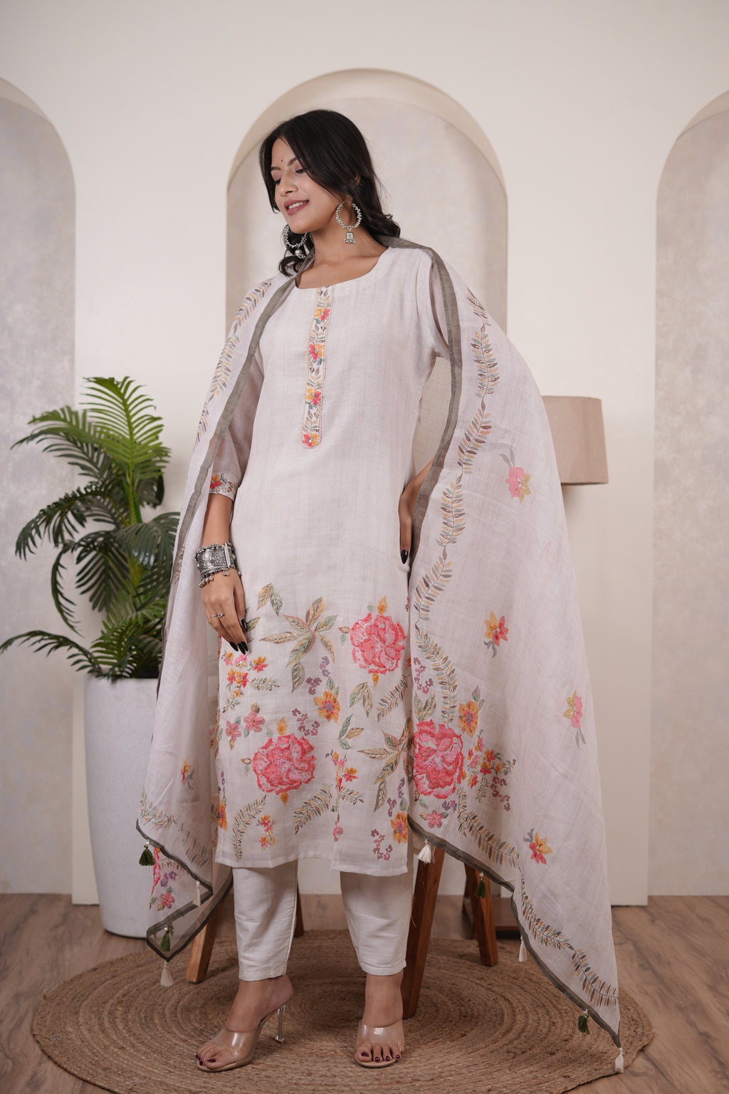 Cream colour Kurti Pant dupatta set