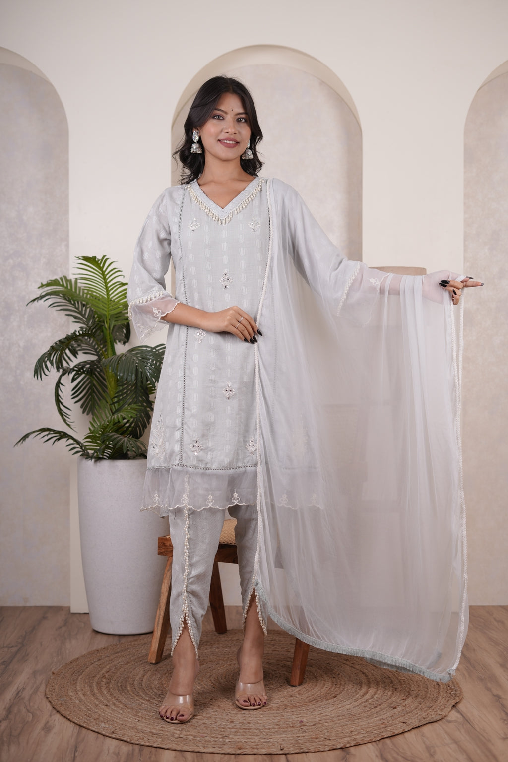 Grey kurti , tulip pant,and dupatta set