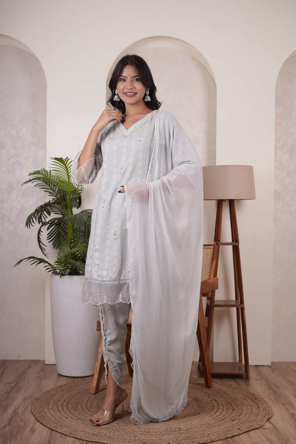 Grey kurti , tulip pant,and dupatta set
