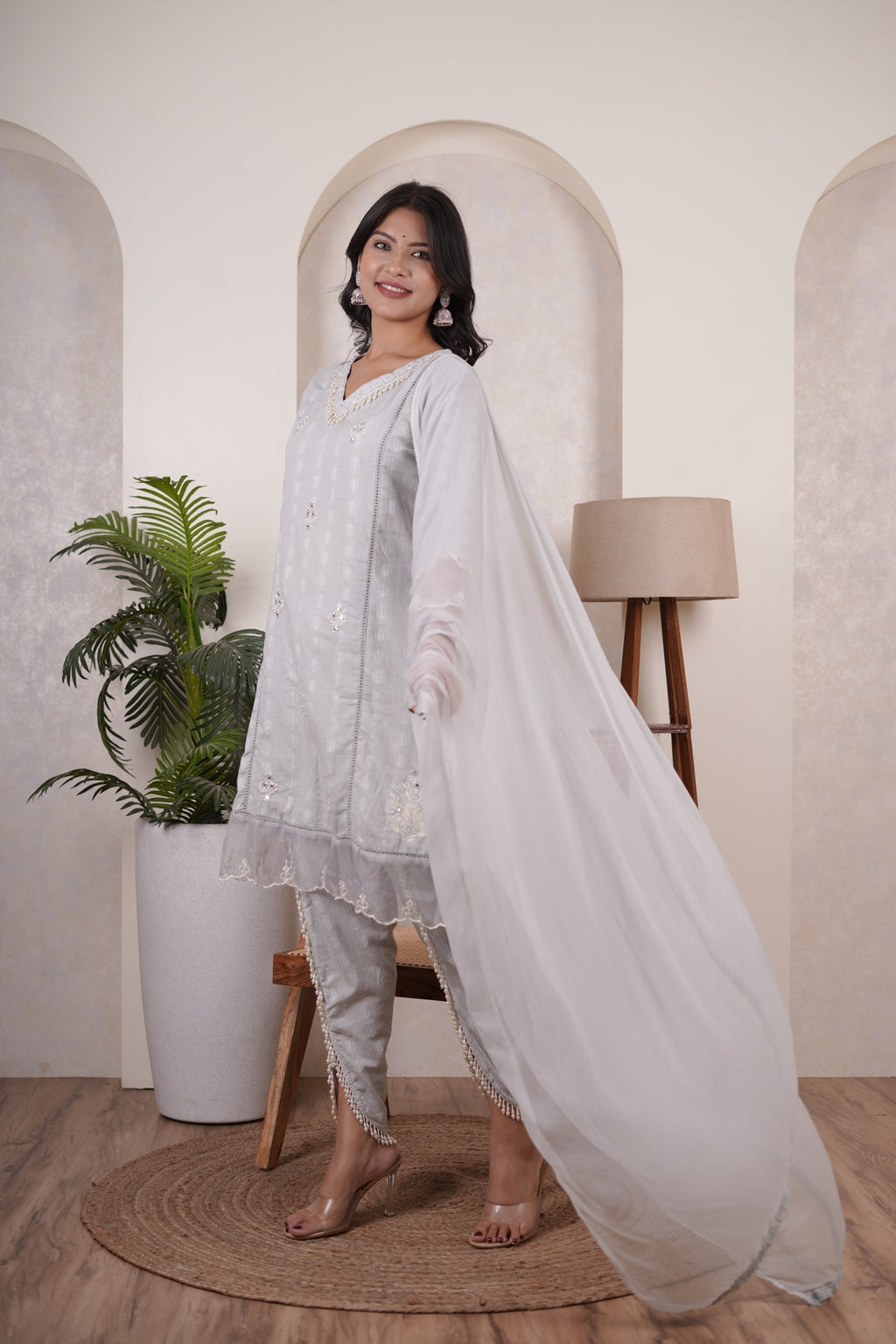 Grey kurti , tulip pant,and dupatta set