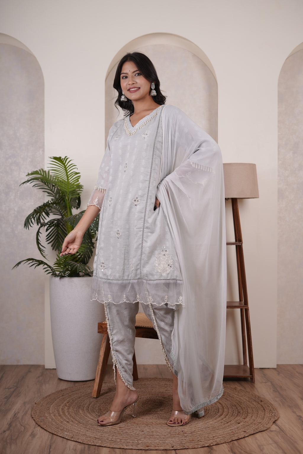 Grey kurti , tulip pant,and dupatta set