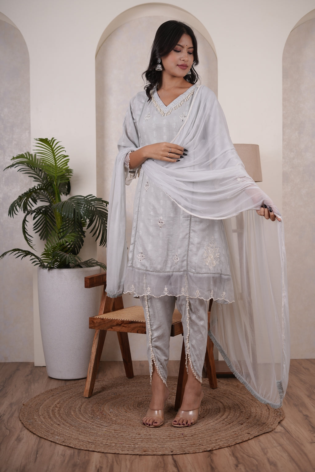 Grey kurti , tulip pant,and dupatta set