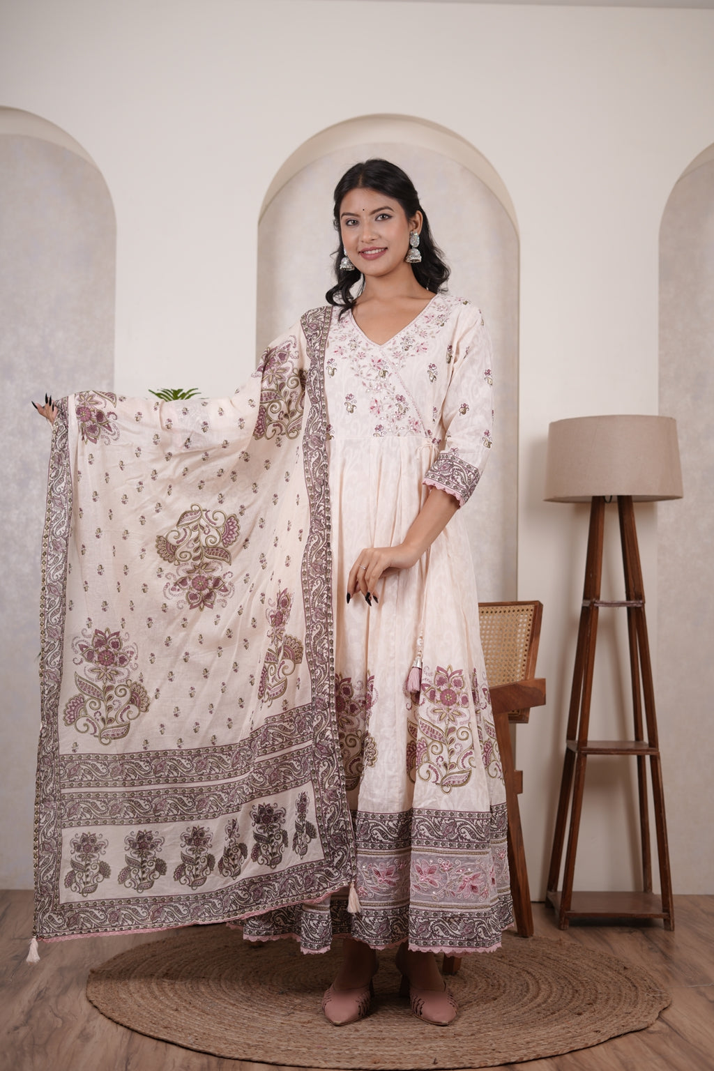 Peach's pink colour anarkali suit with pant and dupatta set